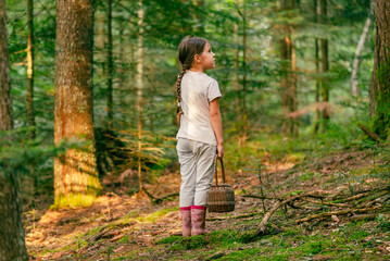 Naklejka na ściany i meble Girl with a basket lost. Stands in the forest alone and looks at the trees