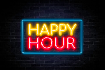 Obraz premium Happy hour neon banner on brick wall background.