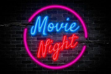 Movie night neon banner with pop corn sign on brick wall background.