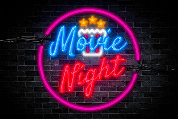 Fototapeta na wymiar Movie night neon banner with pop corn sign on brick wall background.