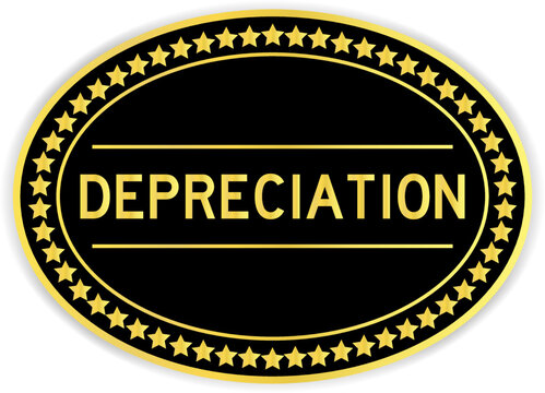 Black and gold color round label sticker with word depreciation on white background
