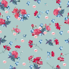 Beautiful vector seamless pattern with pink roses in pastoral vintage style
