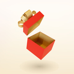 Christmas empty open red gift box with golden ribbon bow. 3D Xmas realistic vector object.