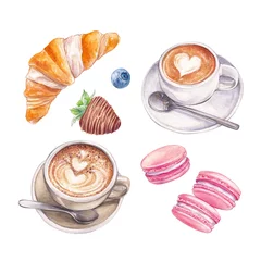 Poster de jardin Macarons Watercolor cup of latte coffee, macaron and croissant