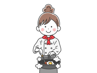 フライパンで調理する、女性シェフのイラスト