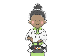 フライパンで調理する、黒人の女性シェフのイラスト