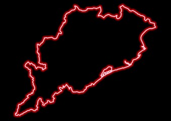 Red glowing neon map of Orissa India on black background.