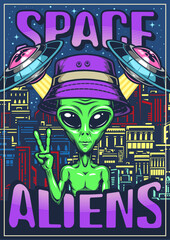 Space aliens colorful flyer vintage