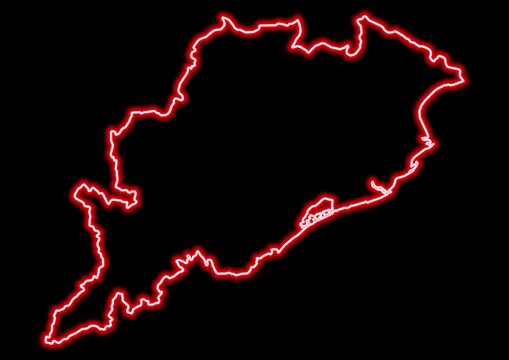 Red glowing neon map of Orissa India on black background.