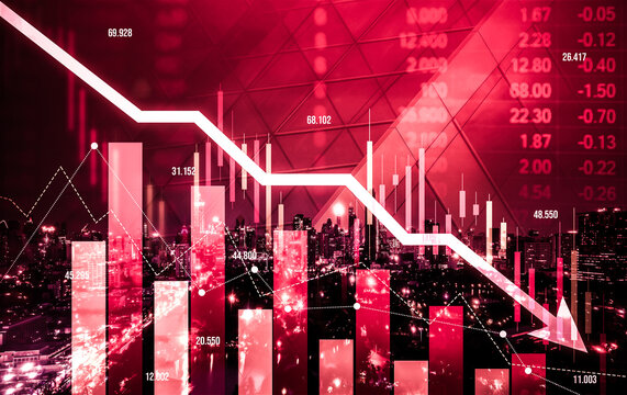 Stock market crash, declined economic, graph falling down and digital indicators overlaps modernistic city. Double exposure.