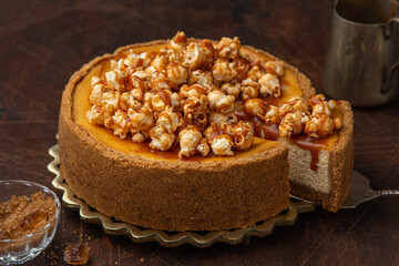 caramel cheesecake with popcorn and salted caramel sauce