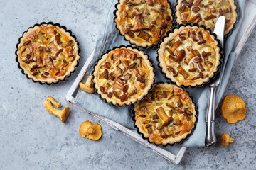 chanterelle tarts or quiches on grey concrete  background