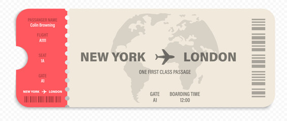 Plane ticket illustration. Airline ticket template. Flight boarding pass. Airway ticket. Airline coupon. Vector graphic - obrazy, fototapety, plakaty