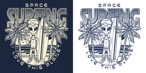 Space surfing vintage emblem monochrome