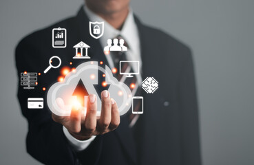 Businessman connecting cloud technology in hand. Data storage. Network and internet service concept