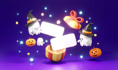Naklejka premium 3D Rendering of gift box open with Blank paper card and ghost pumpkin concept of Halloween background for commercial advertising design. 3d render cartoon style.