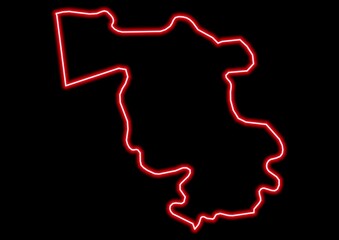 Red glowing neon map of Pisa Italy on black background.