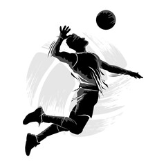 Silhouette of male volleyball player flying and smashing the ball. Vector illustration