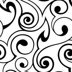 Abstract seamless vector black and white spiral and swirl pattern. Seamless vector texture of black abstract shapes and smooth stripes.