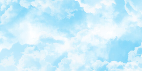 Panorama of blue sky with white clouds. Sky clouds landscape light background.White cumulus clouds formation in blue sky. sunny heaven landscape, bright cloudy sky view from airplane, copy space.><