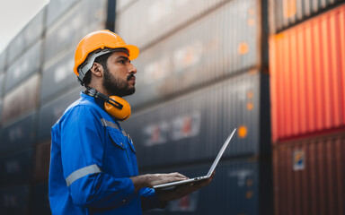 Container operator doing his daily routine inspection in the container yard. He is holding a laptop in his hand.