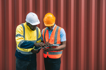 Container operator doing his daily routine inspection in the container yard. He is holding a laptop in his hand.