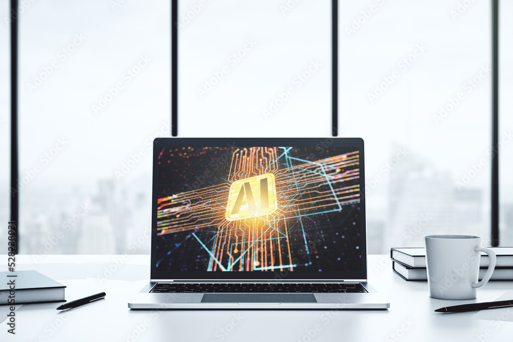 Poster Modern computer monitor with creative artificial Intelligence icon. Neural networks and machine learning concept. 3D Rendering