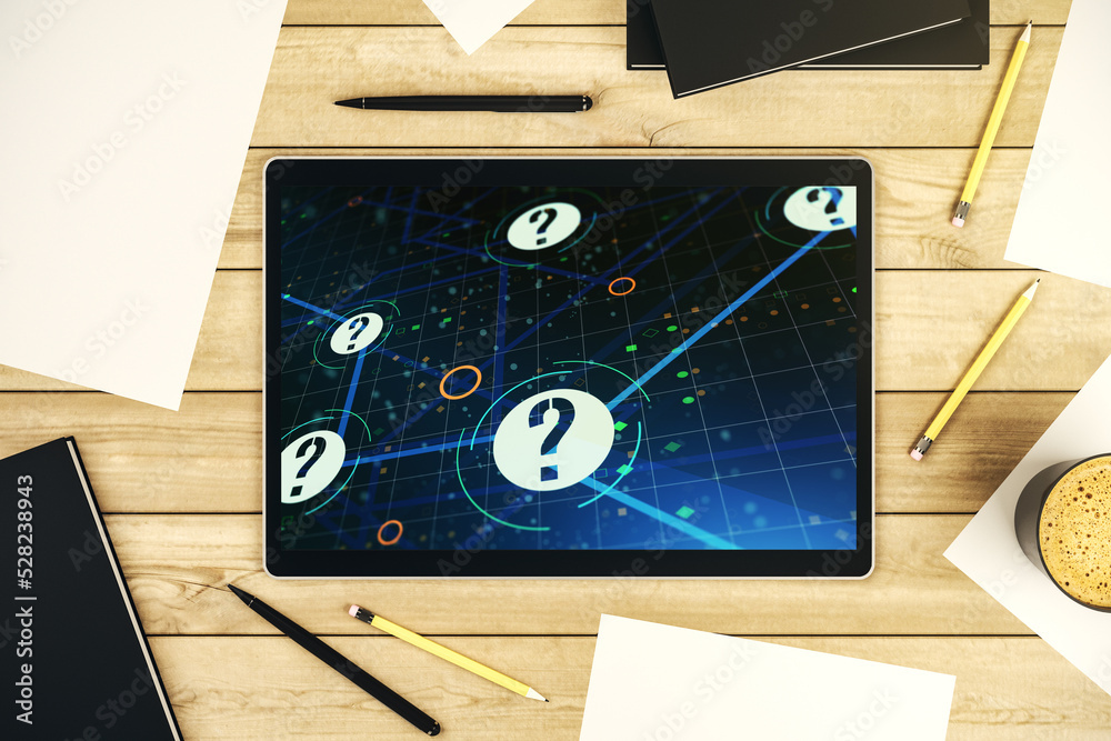 Aufkleber creative abstract question mark sketch on modern digital tablet screen, faq and research concept. to
