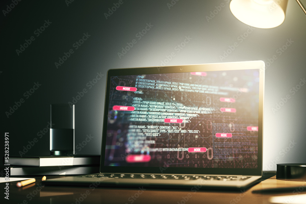 Poster modern computer monitor with abstract programming language, research and development concept. 3d ren
