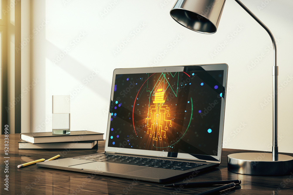 Aufkleber Creative light bulb illustration with microcircuit on modern computer monitor, future technology concept. 3D Rendering