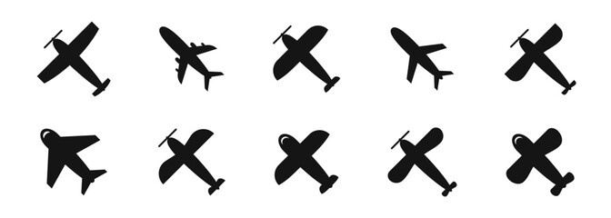 Airplane icon set. Aircraft icon collection. Different airplanes collection. Aeroplane icons. Flat black flight icons. Vector graphic