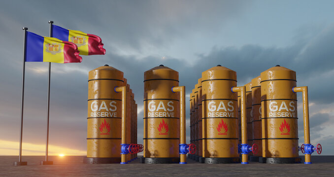Andorra gas reserve, Andorra Gas storage reservoir, Natural gas tank Andorra with flag Andorra, sanction on gas, 3D work and 3D image