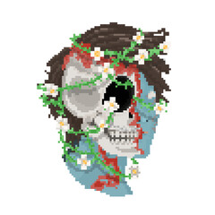Pixel art half skull face with white flower ivy.