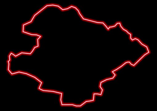 Red glowing neon map of Razgrad Bulgaria on black background.