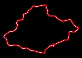 Red glowing neon map of Relizane Algeria on black background.