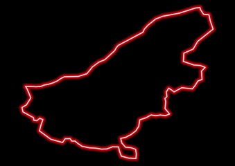 Red glowing neon map of Ruse Bulgaria on black background.