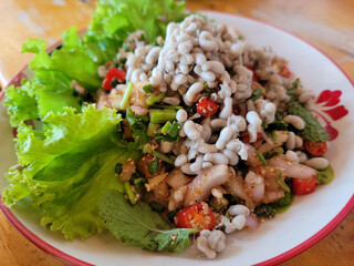 Spicy eggs ant salad with vegetable on dish or Koi Khai Mod Dang Northeast Food of Thailand.