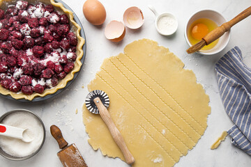 Preparation homemade  pie with lattice top and cherry filling. Making pie series