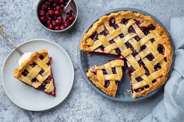 sour cherry pie in baking dish