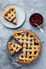 sour cherry pie in baking dish