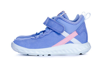 Children's blue shoes on white background isolation