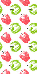 Colorful apple background. Vector apples seamless pattern with fruit hand drawn pencil illustration for vegan banner, juice, baby food packaging, jam label design. Color fruits backdrop. Cider badge.