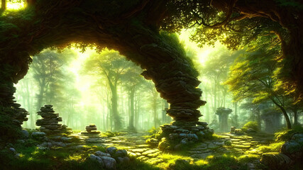 Fototapeta premium Fantasy forest landscape with stone ruins and bizarre vegetation at a beautiful sunset. Ancient stone fantasy magic portal, passage to the unreal world. Green dense forest with sun rays. 