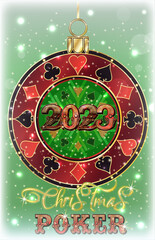 Happy New 2023 year. Christmas Casino card with poker chip, vector illustration