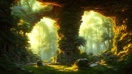 Obraz na płótnie Canvas Fantasy forest landscape with stone ruins and bizarre vegetation at a beautiful sunset. Ancient stone fantasy magic portal, passage to the unreal world. Green dense forest with sun rays. 
