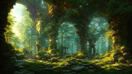 Fantasy forest landscape with stone ruins and bizarre vegetation at a beautiful sunset. Ancient stone fantasy magic portal, passage to the unreal world. Green dense forest with sun rays.  - obrazy, fototapety, plakaty