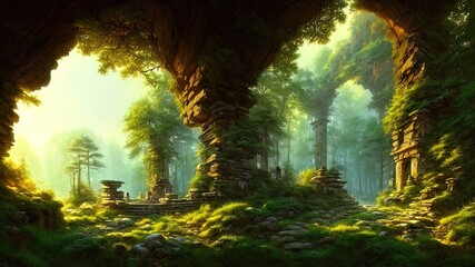 Fantasy forest landscape with stone ruins and bizarre vegetation at a beautiful sunset. Ancient stone fantasy magic portal, passage to the unreal world. Green dense forest with sun rays. 