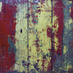 Grunge texture of an old wall of vertical wooden boards painted in red, yellow and petrol. Digitally made. Illustration