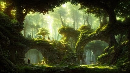 Fototapeta na wymiar Fantasy forest landscape with stone ruins and bizarre vegetation at a beautiful sunset. Ancient stone fantasy magic portal, passage to the unreal world. Green dense forest with sun rays. 3D