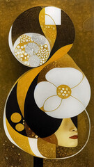 Abstract painting with flower, gold and silver tones. Digital artwork,  created with generative ai technology